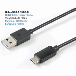 Cable de Carga Rapida PD  USB-A  USB-C  100 Watios/2 metros - MK-20.100.AC.2