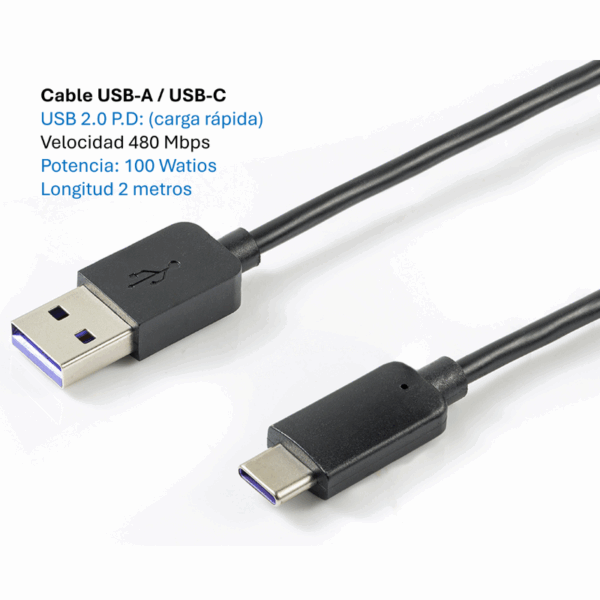 Cable de Carga Rapida PD  USB-A  USB-C  100 Watios/2 metros - MK-20.100.AC.2