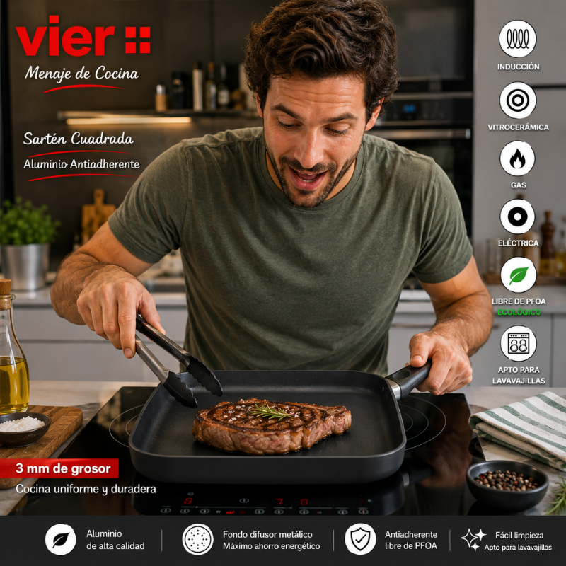 Sartén Grill-Asador Aluminio Base Lisa 27x27 cm - Serie Genny - Imagen 3